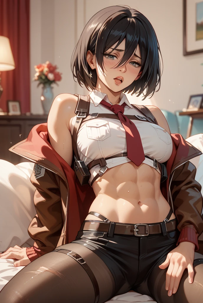 realisitic、top-quality、mikasa_ackerman|Mikasa, 1 girl、sixteen years old、Colorful Hair Color、piercings、embarassed face、Fancy underwear、beautiful elfee、sexypose、Hotel、Particles of light、profetional lighting