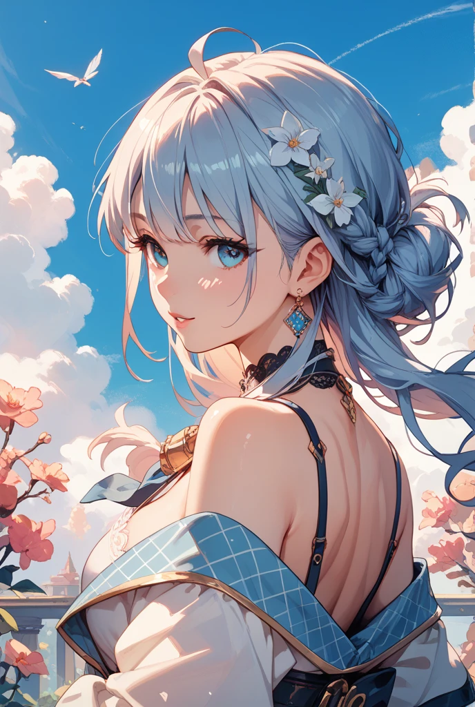Feather Plumage on the back, drop-shaped tattoo on the cheek, a cute fairy in a beautiful flower field