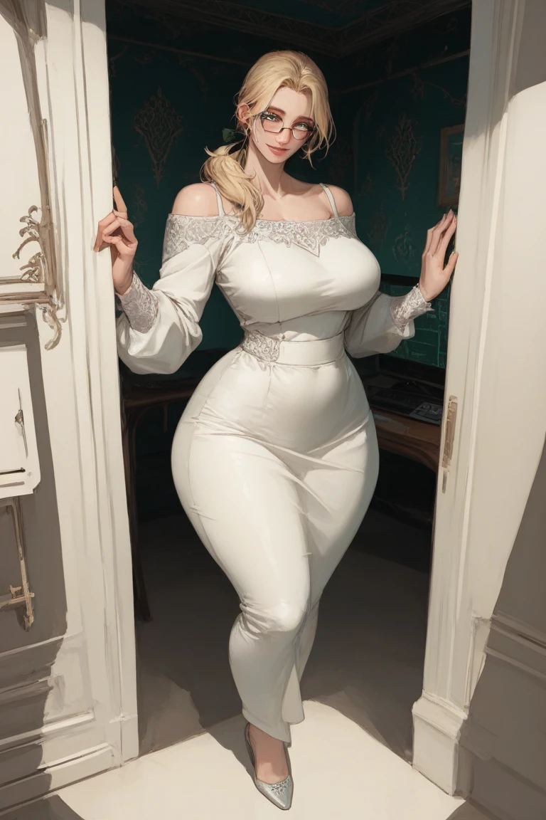 A woman with a very curvy body wearing a white dress is walking down the hallway, Full body white dress, white leotard, White Royal Gown, Sexy dress, in a Long white dress, White royal dress, Beautiful woman in white, Long white dress, Elegant white dress, angelawhite, They wear beautiful white clothes, graceful. Hinge, Seductive plus size model