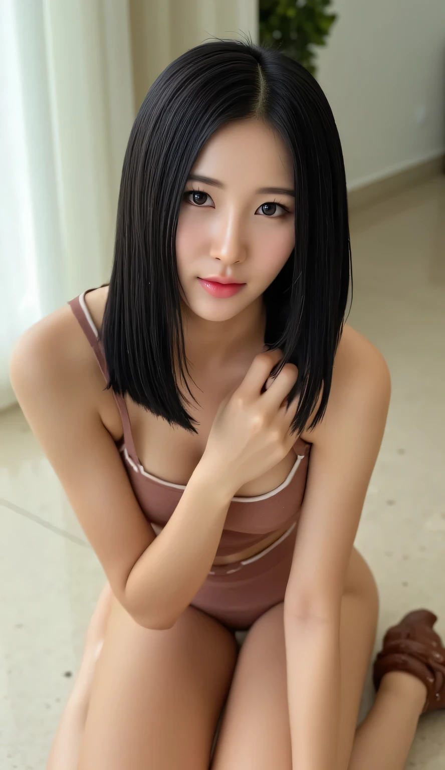 Indonesian woman,  beautiful girl , View from below,  frickle , cute face ,  straight black hair , big breasts, cleavage,  sexy thighs , Photo,  realistic, Small , ((( thick thighs))), Floor,  on all fours, ((ahegao)) mouth wide open