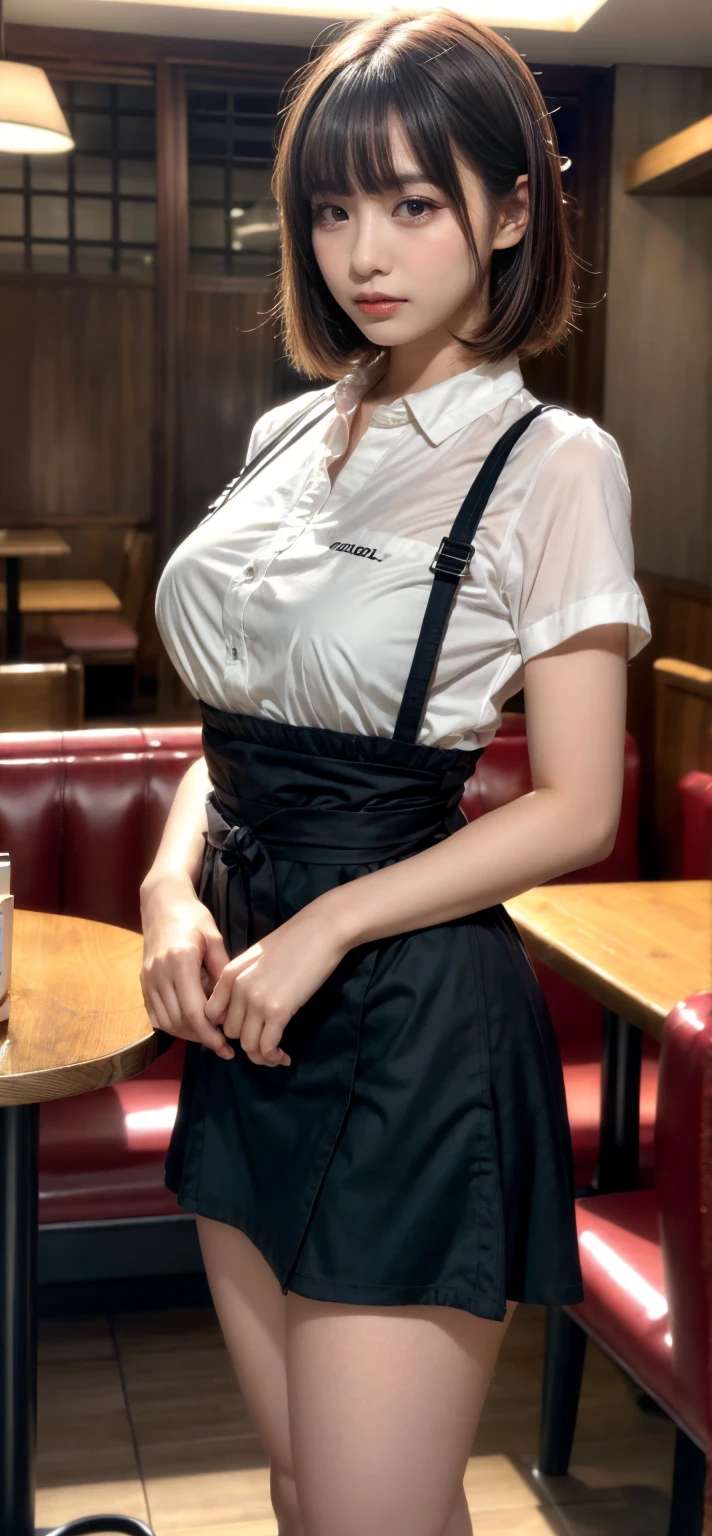 muste piece, best quality, illustration, Super detailed, fine details, High resolution, 8K,wall paper, perfect dynamic composition,(Details High quality, realistic depiction of eyes:1.3), restaurant, waitress uniform, ponytail, huge breasts, black hair color, Big Natural Color Lip, bold sexy pose, (perfect body shape), crying a little、cold gaze, Harajuku style、20 year old girl、cute type, beautiful legs, hposing Gravure Idol, Voluptuous thighs, ,look at the camera