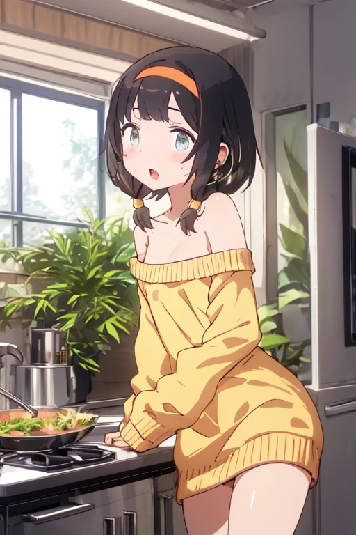 (small breasts:1.3), (perky chest:1.1), (pointed chest:1.0), (fashion magazine cover:1.3),(from below:1.0),(from side:0.9),masterpiece, 1girl, Amazing Cleavage:1.1, thin waist, big ass, Raised sexy, small breast: 1.3, posed cleavage:1.2、solo, looking at viewer, open mouth, have a cute grass of cute beergrass,black hair, dark green eyes, dress, bare shoulders, jewelry, collarbone, sidelocks, hairband, earrings, indoors, off shoulder, :o, sweater, arms behind back, plant, short hair with long locks, gild hairband, off-shoulder dress, sweater dress, off-shoulder sweater, red sweater, dark gord hair, big side hair, very long side hair,is rendered in (masterpiece: 1.2, best quality), with (ultra high resolution) and an exquisite (depth of field). This masterpiece is not only visually stunning but also tells,A scene of cooking in the kitchen by classroom