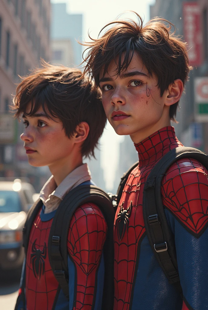 2 cute little superheroes as spiderman and wolverine without mask, 3 years old and 8 years old, extremely detailed portrait, beautiful detailed eyes, beautiful detailed lips, extremely detailed facial features, detailed superhero costume, superhero poses, dynamic action, vibrant colors, cinematic lighting, epic fantasy, digital art, 8k, high resolution, hyper detailed, photorealistic