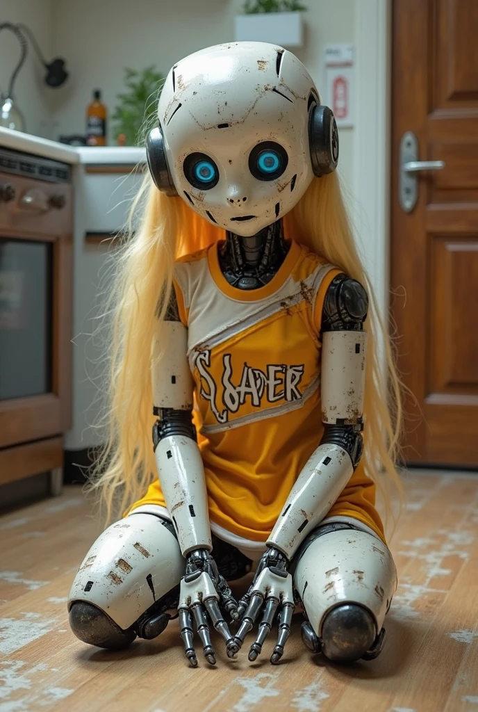 A black doll sitting with a hologram brain in its hand and a dark background