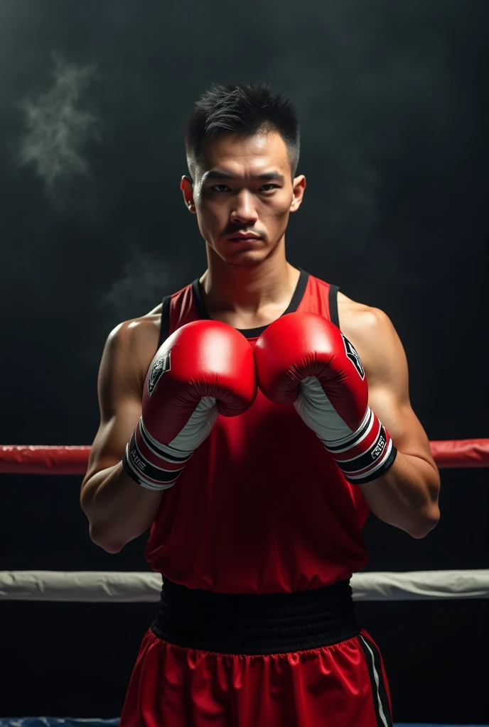 A junior high school boxer with ripped abs, striking a fighting pose on the ring, facing this way.