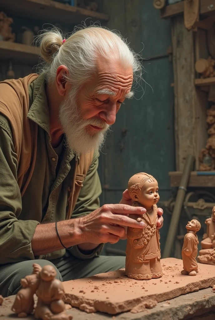 A potter with his hands full of clay, finishing the formation of a traditional clay family., realistic image