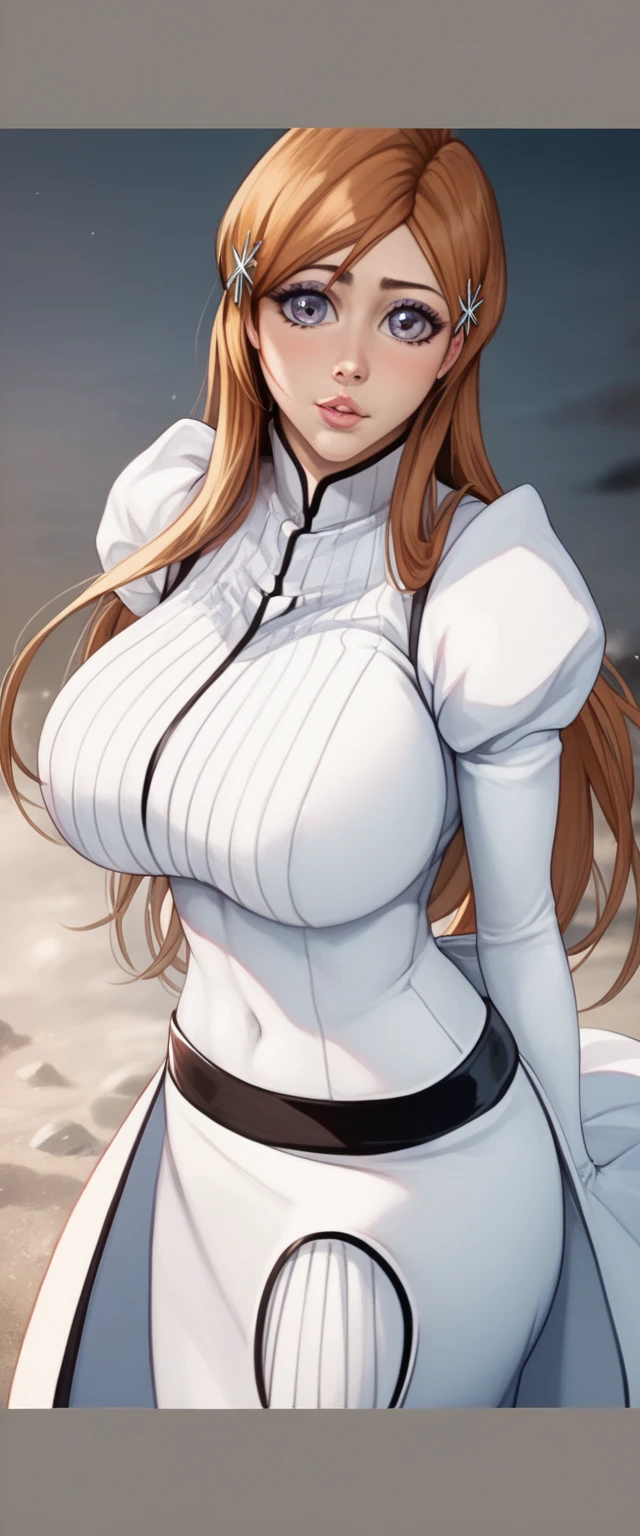 <lora:OrihimeInoueV2:0.7> orihimeinoue, huge_breasts, standing, solo, Orihime_White_dress, masterpiece, best quality, detailed face, detailed eyes, highres,