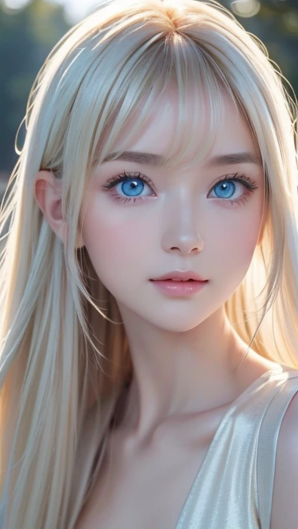 highest quality、Ultra-high resolution、(Photorealistic:1.4)、(ulzzang-6500:1.0)、Blonde super long straight silky hair、Very beautiful bright and shining pale sky blue big eyes、bangs over eyes、