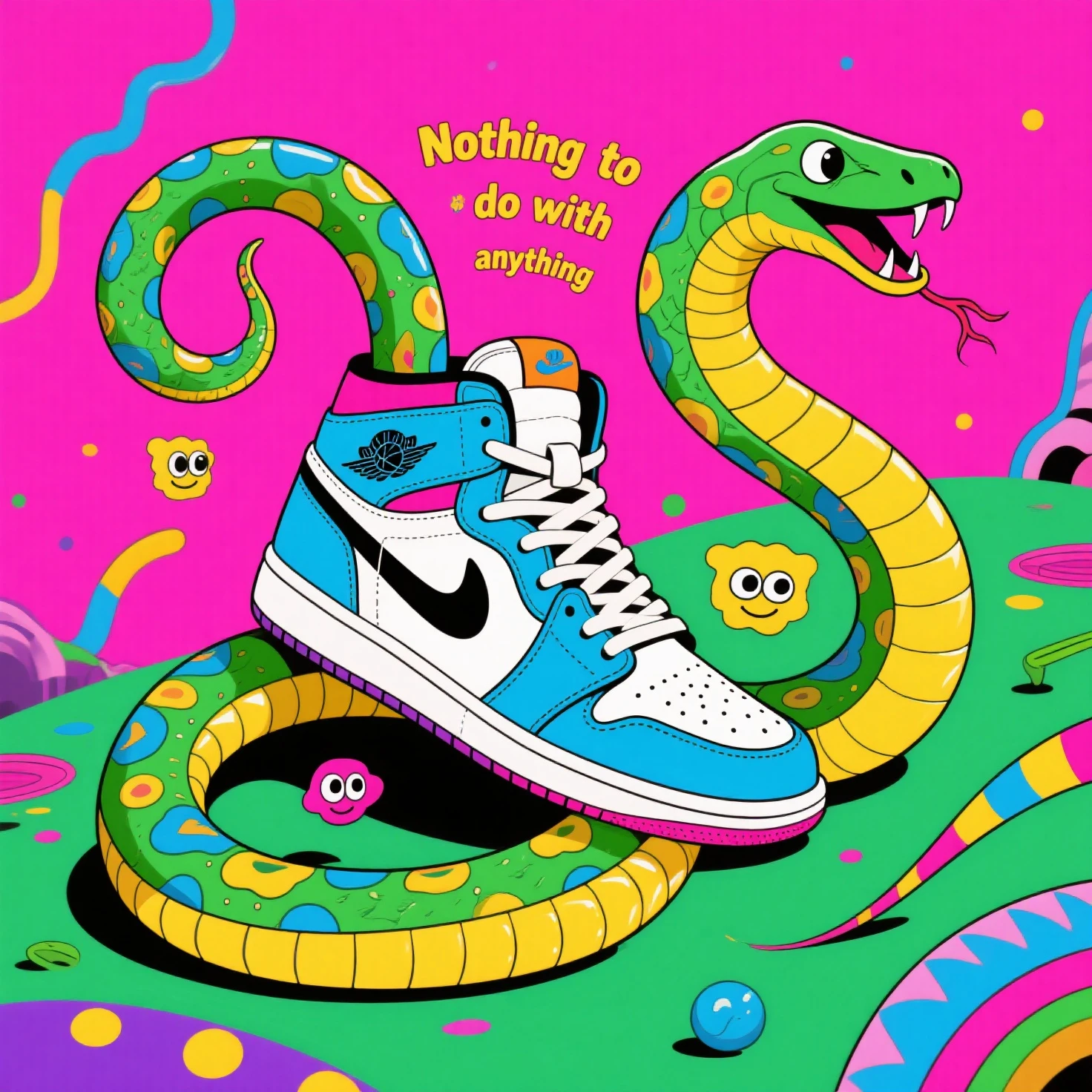 Skottie Young Style - hiphop moon drawn and colored with markers cheo bristol art style
A background completely filled with scattered sneaker in various sizes and colors, covering the entire screen.
characterstey