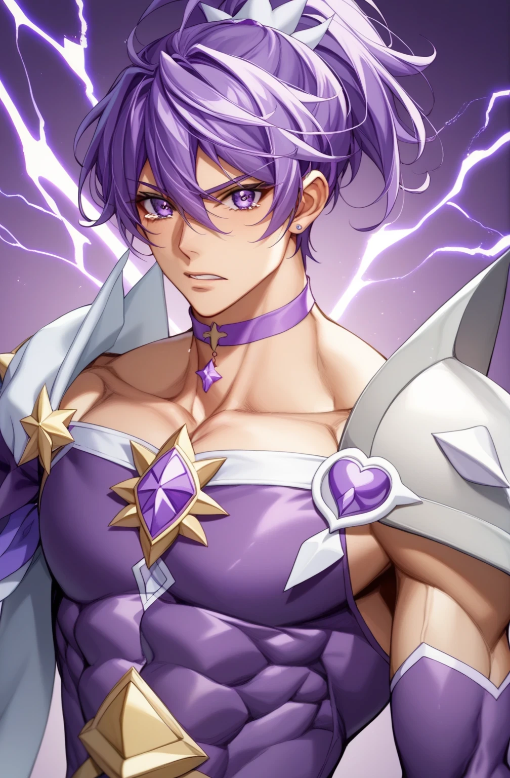score 9 、score 8 up、score 7 up、source anime、masterpiece、Highest Quality、high resolution、anime coloring、1boy、cure sword、(male:1.5)、Boy character with purple hair、high short ponytail hair、spade shape hair ornament、solo、portrait of Magic Boy、boy in purple dress、isolated、Long Legged 、Heavenly Aura、Lightning Aura、purple miniskirt、purple neckwear、 purple choker、collarbone、white shoulder pads、Symmetrical shoulder pads、 purple arm warmers、white and purple detached sleeves、purple waist bow、bare thighs、purple thigh high boots、 Symphogear Flavor 、Boy with short purple hair、 Prince of Amethysts 、Official Character Art、style of Magic Boy、masculinization、Magic Boy、Anime Boys、official art、high resolution、perfect outfit、sparkling Magic Boy、(manly:1.5)、With Sparkling Purple Eyes 、perfect body、trapezius、perfect hands、perfect arms、perfect legs、thigh muscles、covered semitendinosus muscles、covered hamstrings、covered adductor magnus muscles、 male focus、looking at viewer、solo focus、cowboy shot tearing clothes and pants、(male body:1.5)、beefcake style、purple background、
