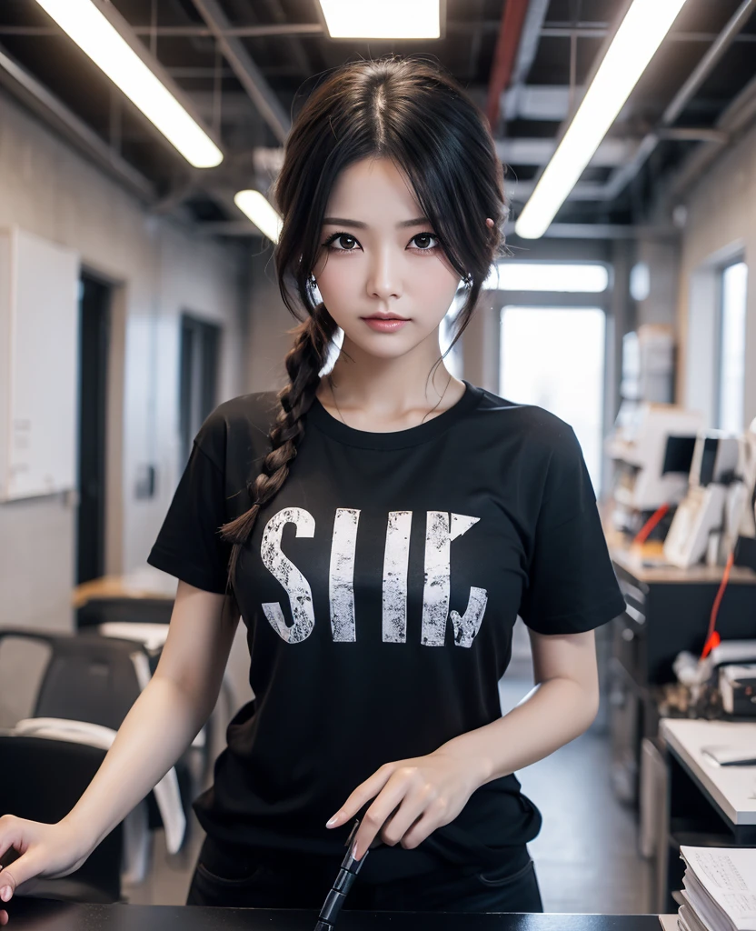 A girl，年轻，Black color hair，horse tailed,best qualtiy，best illuminate，Highest high resolution，16k，Meticulous details，full body shot shot,realisticlying,The bust is huge,full bodyesbian,tee shirt
