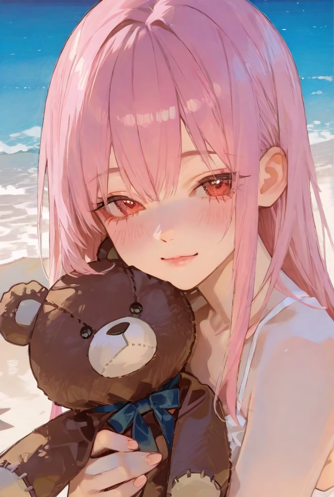 Holding a stuffed teddy bear on a calm beach at sunset、Featuring captivating anime girls dressed in cute and realistic fashion。High-definition portraits、It shows a young woman with long, flowing pink hair that reaches down to her slim waist。The girl's eyes shine warmly、Staring straight at the viewer、Her mouth is curled into a gentle smile。 The beach scene is filled with the soft hues of twilight.、The anime's CG art depicts a serene, idyllic environment。The artwork is inspired by Gu Wei Z's style.、
