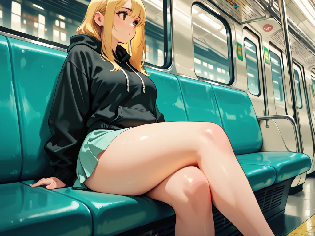 girl, standing, unzipped shorts, bare legs, pussy peek, no panties, bus, pussy juice, small breasts, squirting