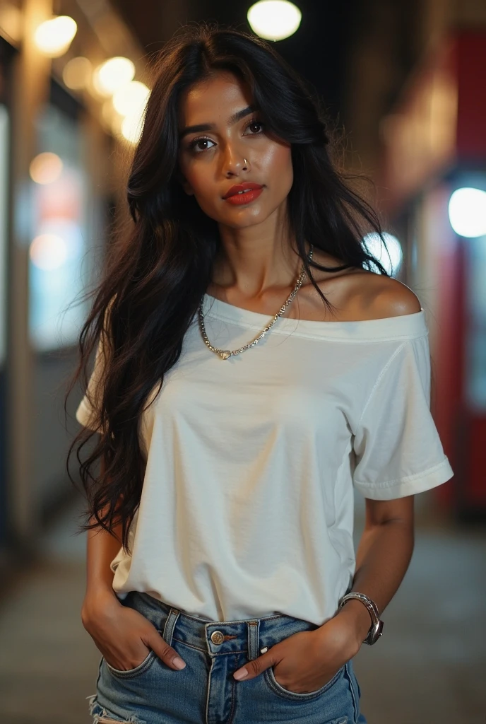 (8k, RAW photo, best quality, depth of field, ultra high res:1.2), (intricate, photorealistic, masterpiece, ultra-detailed), dynamic lighting, a woman in an outdoor restaurant overlooking the ocean, table has food and drinks, candles, vibrant colors, she is styling with a Hawaiian dress, detailed expressive eyes, bright mood lighting,