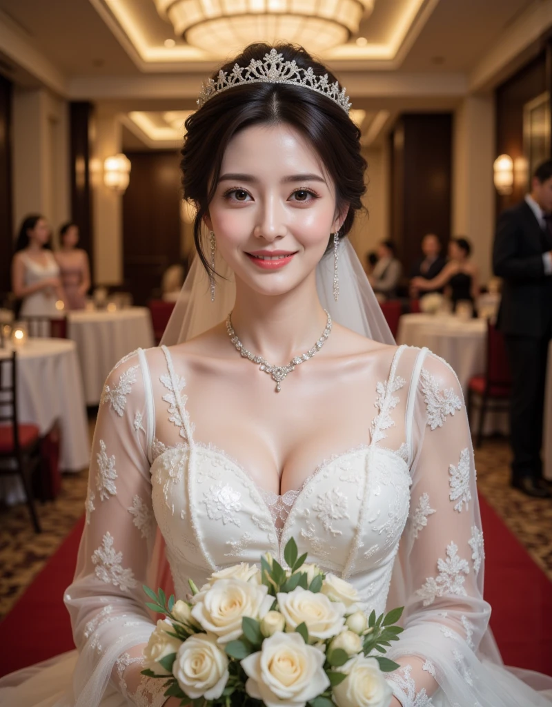 Fashion model 20 years old [[[[closeup cleavage]]]], [[[[boobgasm]]]], [[[[coll]]]], [[[[bshoulders]]]], perfect  eyes, Perfect iris，perfect lips，perfect teeth，Perfect skin，Soft front light，HDR，A couple，wedding gown，Masculine man in suit，Gentle lady wearing wedding dress，The girl has a slender face；（pastel colour：1.2）