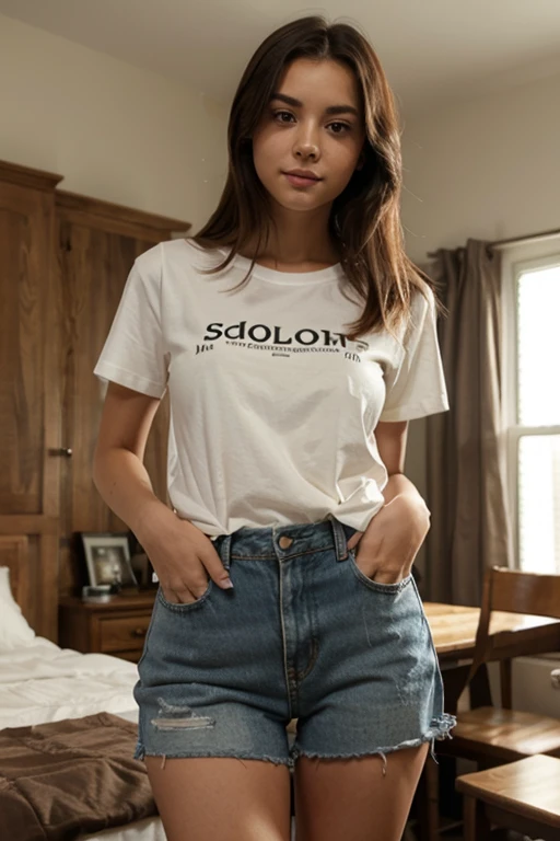 A woman, blonde long hair, blue eye, is wearing a denim jumpsuit and a white T-shirt and brown boots