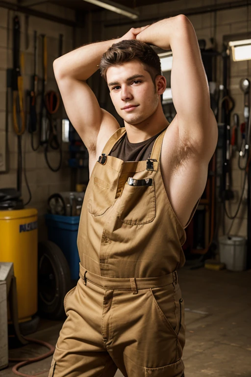 1boy, (Blue Eyes), happy smile,American boy,18 years old,young, thick body, slender, sport body build, child-like,White age boy ,(best quality, highres:1.2), ultra-detailed, realistic:1.37, mechanic maintenance technician outfit, tools, blue overalls, dirty hands, a wrench, a screwdriver, a toolbox, gloves, work boots, a workbench, metal workshop, a well-lit background,pale skin, skinny, good lighting, very pale skin, light skin, model with attractive body,medium bulge and medium butts,(Best quality, 8k, Masterpiece). High Detail , superior quality, natural lighting, beautiful, sexy, correct anatomy, good composition,realistic shapes, realistic skin tones,Natural eyes,realistic eyes,looking up at viewer,vpl,realistic muscles,Realistic wrinkles on the skin,Realistic arms and legs,Realistic face,realistic hair,Make a sexy and seductive face, Clear Focus: 1.2, Perfect Body virile: 1.4 , Slender Abs: 1.2, Highly detailed face and skin texture, detailed eyes, double eyelids, big upper lip, man focus,amazing composition, front view, HDR, volumetric lighting, ultra quality, elegant,Post a erotic photoshoot,Realistic pose,detailed hair,full body,Fujifilm XT3 photorealistic art by midjourney