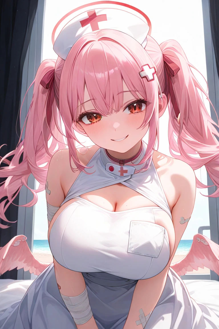 mastute piece,Best Quality,insanely detailed,8k cg,nsfw,
(shoot upper body:1.3),
(1girls:1.3),standing,looking at viewr,body in front,((both arms behind back:1.4)),(shrine maiden costume:1.3,red hakama:1.1,nurse cap:1.4),(((bare breasts:1.2))),break,
blush,shy,(ecstasy face),(trembling:1.2),break,(light pink hair:1.2),
break,
perfect breasts,perfect teats,(open mouth:0.9),(large breasts:1.3),
(hospital room:1.1),