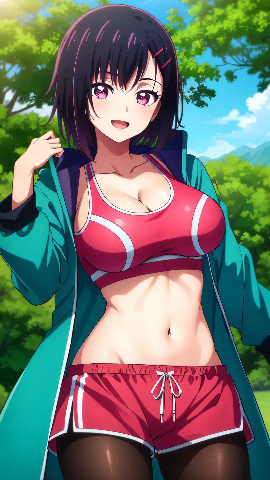 {{{masterpiece}}}, (best quality:1.5), (ultra-detailed:1.5), {illustration}, {{an extremely delicate and beautiful}}, (beautiful detailed eyes:1.6), absurdres, highres, extremely detailed face, 16k, hd, visual anime de uma jovem mulher, extremamente bonito rosto de anime, anime melhor garota, (perfect hands, perfect anatomy), anime face, shizuka mikazuki(Zom 100: Bucket List of the Dead), 1girl, solo, cute face, short hair, purple hair, flowing bangs, hair ornaments, hair clip, flushed cheeks, (pink eyes:1.5), medium breasts, big hips, curvaceous, BREAK, (oversized jacket:1.2), open Jacket, (colorful blue jacket:1.3), hooded Jacket, hood down, open clothes, jacket slip, sportswear, pink sports bra, cleavage, abdomen, navel, shorts,, pink shorts, groin, (brown pantyhose:1.2), BREAK, smiling, looking at viewer, open mouth, flushed cheeks, flash effect, outdoor, mountain, daytime, forest, flower garden, field, sunshine, peer in from below