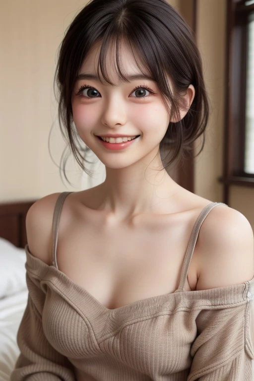 incredibly absurd, beautiful and cute 20-year-old Korean girl with a photorealistic face, showcasing top-quality craftsmanship. Her slender frame adorned with short, messy hair. The artwork high-resolution, allowing for ultra-detailed features to be captured flawlessly. The focus lies on the realistic pupils, showcasing depth and emotion. ((breasts out)) cute smile.