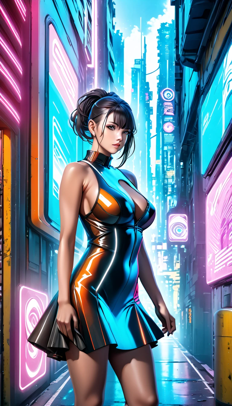 (close up shot, anime style), high quality, best quality, masterpiece, thighs, bright blue detailed eyes, cinematic rearview of sexy Misato Katsuragi posing dynamically, looking up at a cyberpunk neo tokyo well lit highrise building, filled with neon signs, (perfect medium sagging breasts), well lit by red neon lights, (super colored), ((see-through, see-through breasts)), ponytail, (thighs:1.2, translucid)