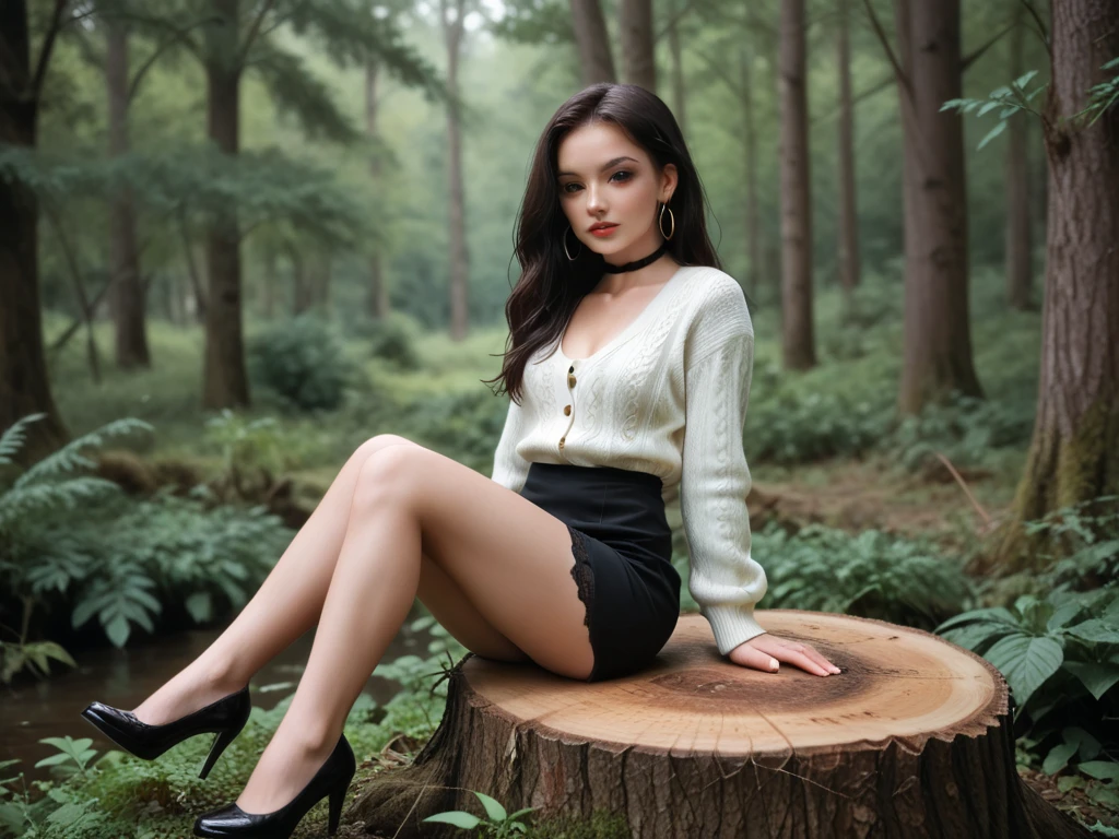 Gypsy in tattered black dress and black pantyhose. Sitting on log in forest. Sexy