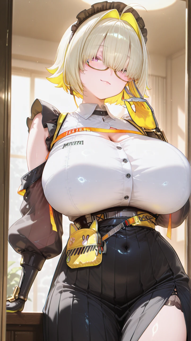 Yellow hair color,short hair,light brown eyes,chubbily ,huge breasts,whipped thighs,Clothing that emphasizes the breasts,cat mouth,smile,Open mouth,open eye,double tooth,Taken from the viewpoint above, looking at viewer,upturned eyes,Street Background,SFW,perfect,high quality,faultless,