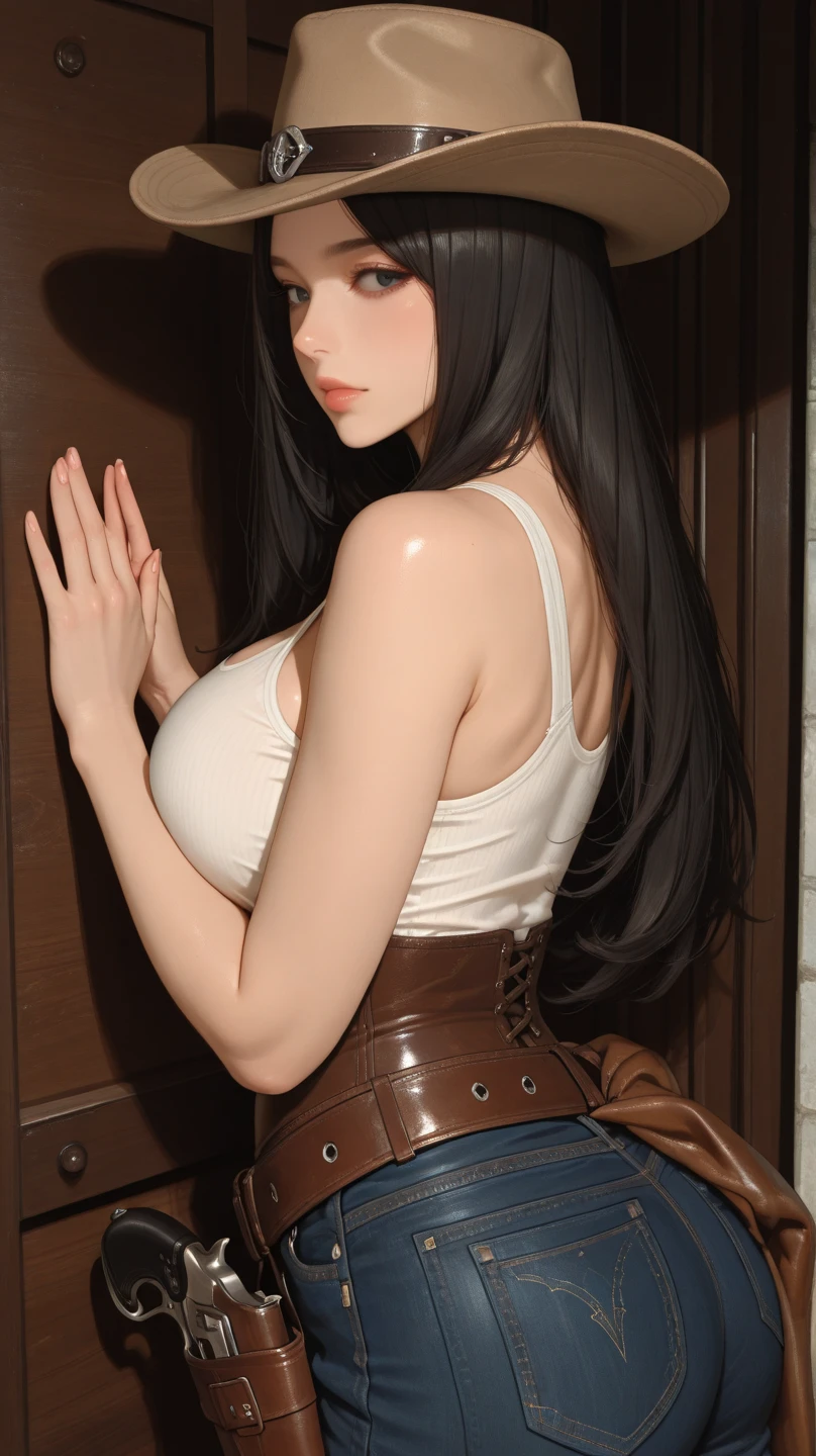 from behind,backwards,leaning forward,1girl,(ultra detailed skin),curvy,,beautiful breasts,(large breasts),pale skin,pointy breasts,erect nipples,(fantasy art,Highest image quality,Hyperrealist portrait,(8k),ultra-realistic,best quality, high quality, high definition, high quality texture,high detail,beautiful detailed,fine detailed,extremely detailed cg,detailed texture,a realistic representation of the face,masterpiece,Sense of presence,Dynamic,bold),bob hair,(ultra thin hair),(ultra soft hair),(ultra straight hair:1.5),Swept long bangs,extra light coppery amber hair,hair over one eye,clothed,baggy t-shirt,shorts,shirt lift,girl