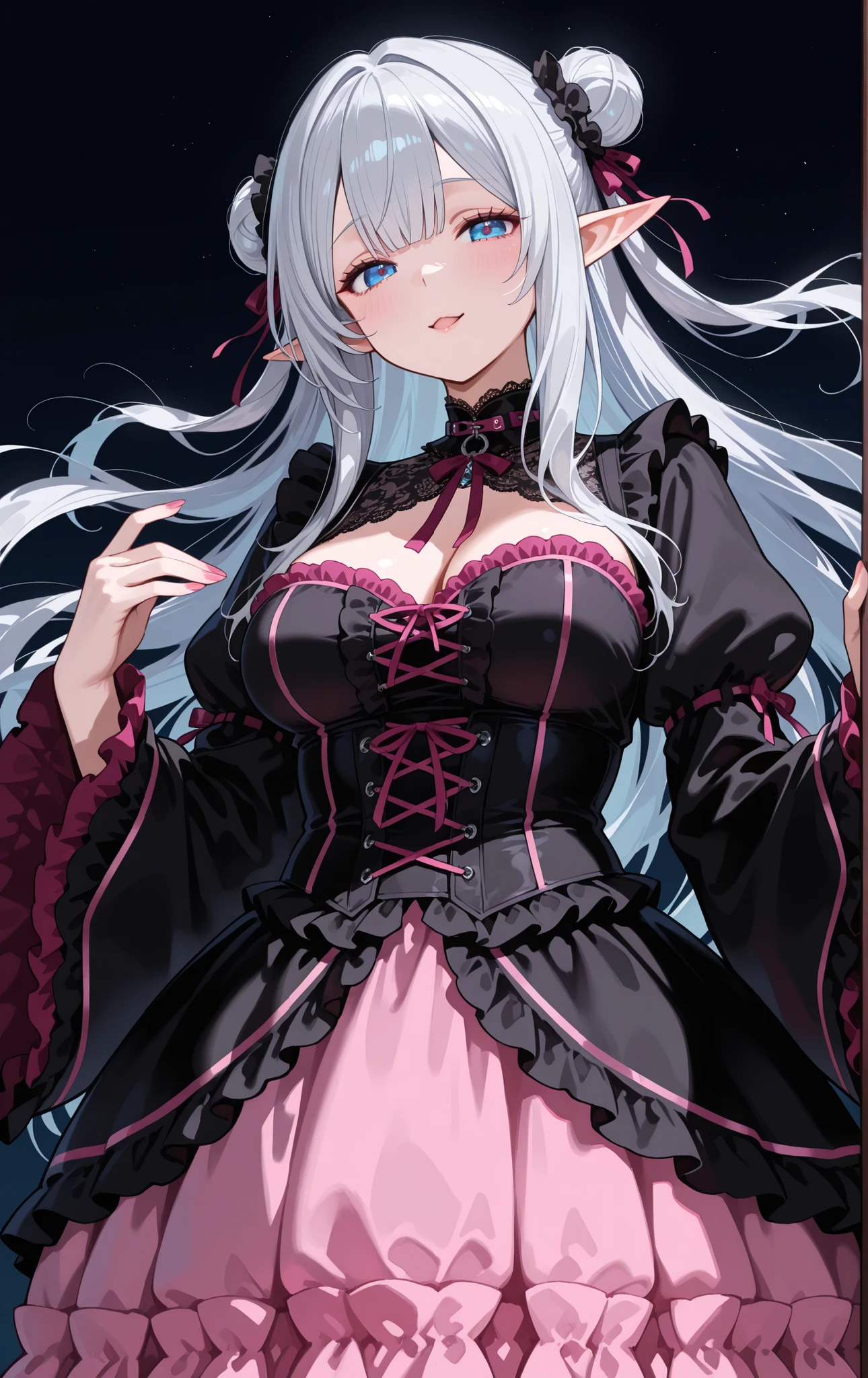 chubby mature woman, elf ears, blue irises, blue eyes, half-lidded almond-shaped eyes, medium breasts, pink and black japanese gothic form-fitting dress with lace and frills, black silk bolero with flowing kimono sleeves and high neckline, double buns with straight bangs, silver hair, a beautiful fox-like face in a mischievous playful expression, dark background, in a japnese shrine