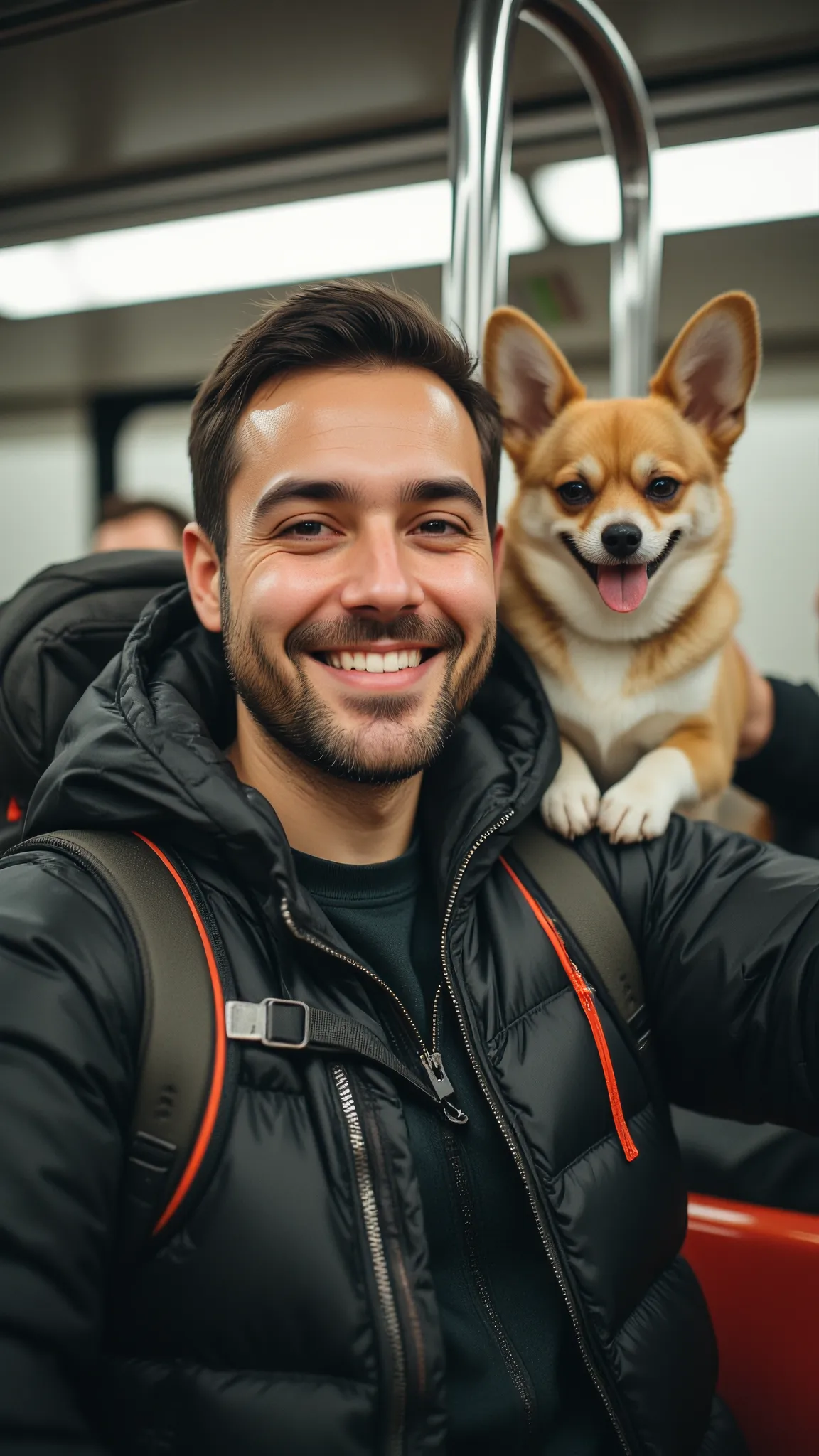 (0507) Corgi and its owner riding a subway