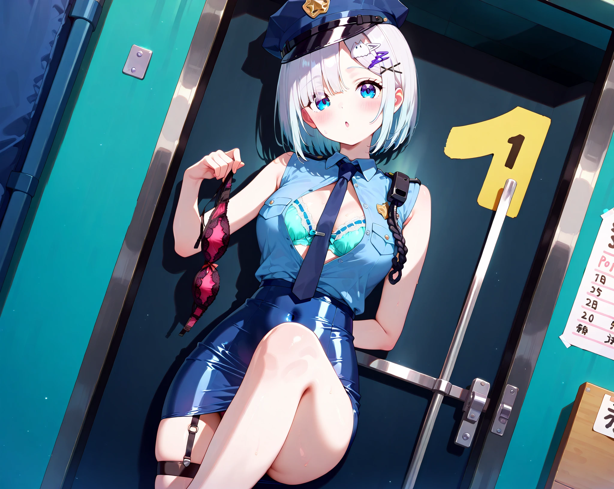 blue beret, white hair, blue eyes, trimmed straight hair, 1girl, gorgeous, virgin killer sweater, 4k, hd, room, looking at the viewer, repaired eyes, correct anatomy, natural colors, anime, closet-up, artgrem, gesugao, standing, parted lips, sadistic, half-closed eye, (glowing eyes:0.5), sexy pose, 