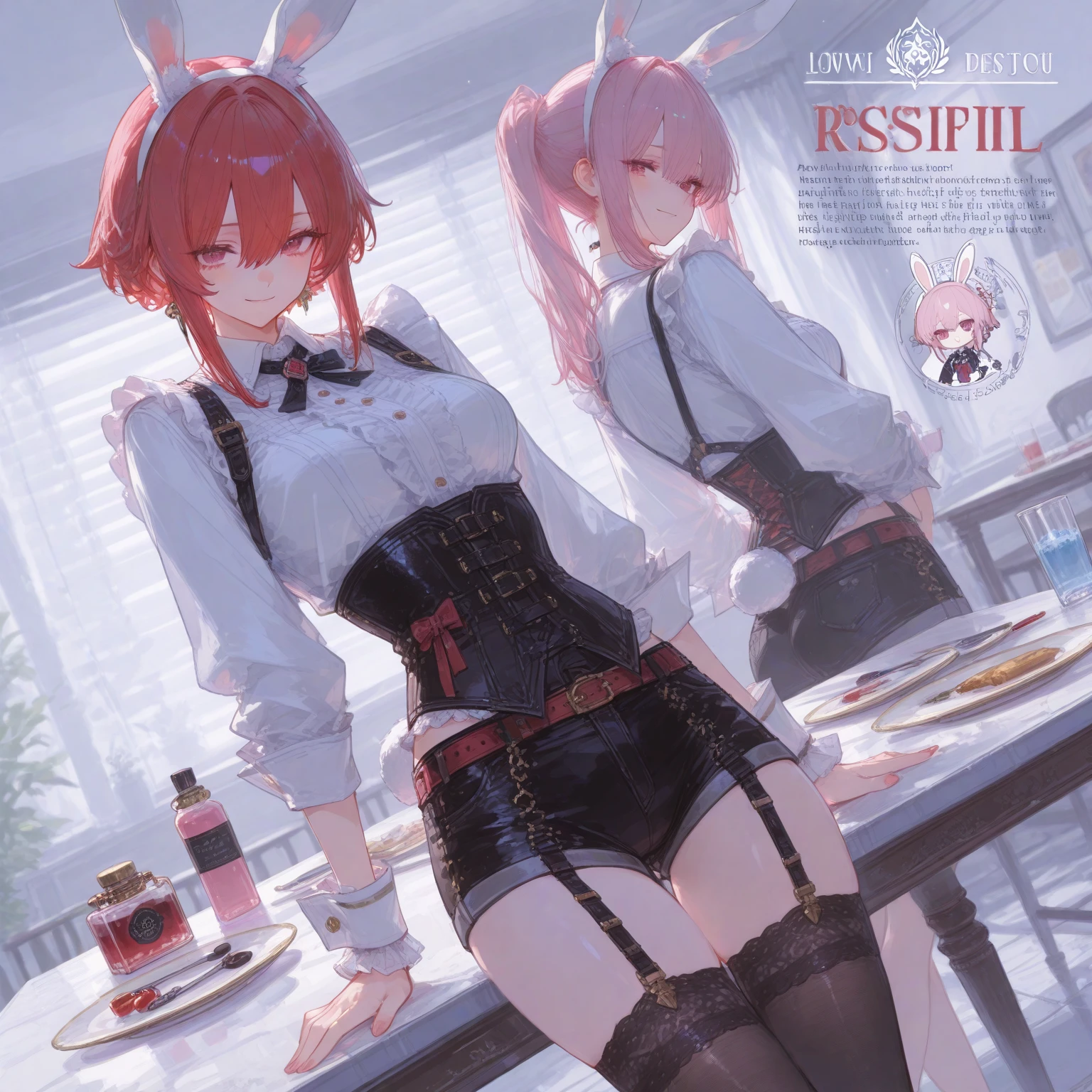 2 Girls with pink hair, long double-tailed hairstyle, ((small pink bushy eyebrows)), wearing lolita clothing, marked vagina, lolicon (Zankuro) drawing style by zankuro artist, Zancro style, image uploaded to R34, flirty smile , ((showing the pubes)) in a restaurant,(( undressing each other))