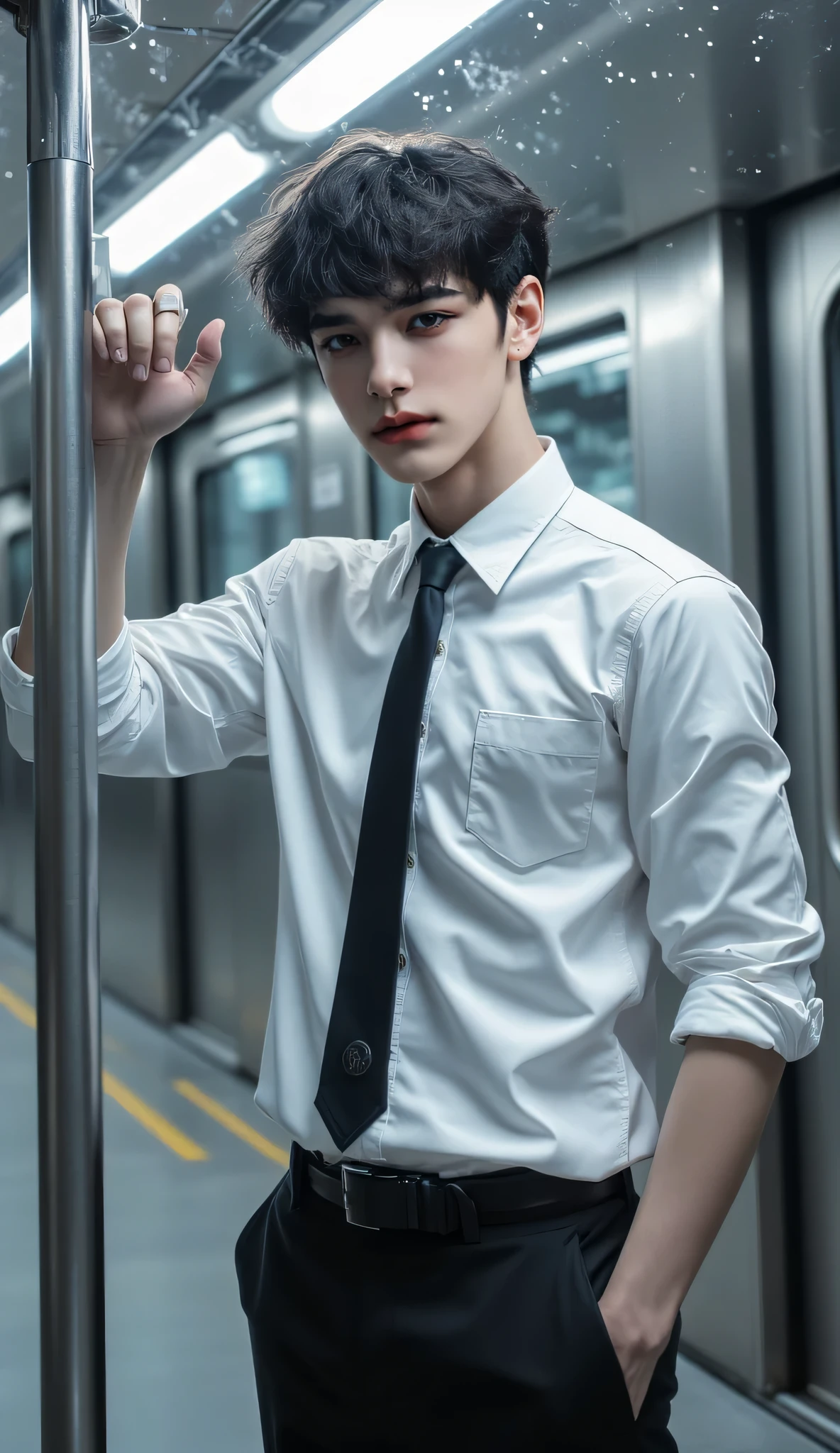 20 year old man, very handsome, Chinese Series Stars, white, handsome face, super slim, หน้าคนclear, looking forward, Photoshoot, Dream pictures, Stand Cool, Arrogant Glitter, in front of subway mirror, Mirrors not reflected, Left hand raised, pushed up front, Dandruff on the palm of the hand,  Thick Fog , Wet outside, Flickering light, Mad Mafia, ผมสีดำ, messy classic hair-style, side hair style, ผมสีดำ, I'm up , Business Hairstyles, short hair, Masterpiece, Best quality,  a man, confident posture, Detailed image, clear, Shiny, very handsome, Cold Tea Face Paint, wearing company employee shirt, formal pants, Black Formal Shoes , one man, reflect, top body model, ภาพclear, front view, Camera taken from outside the train mirror, Zoom camera with fog on palm, ภาพถ่ายเต็มไปด้วย Thick Fog .