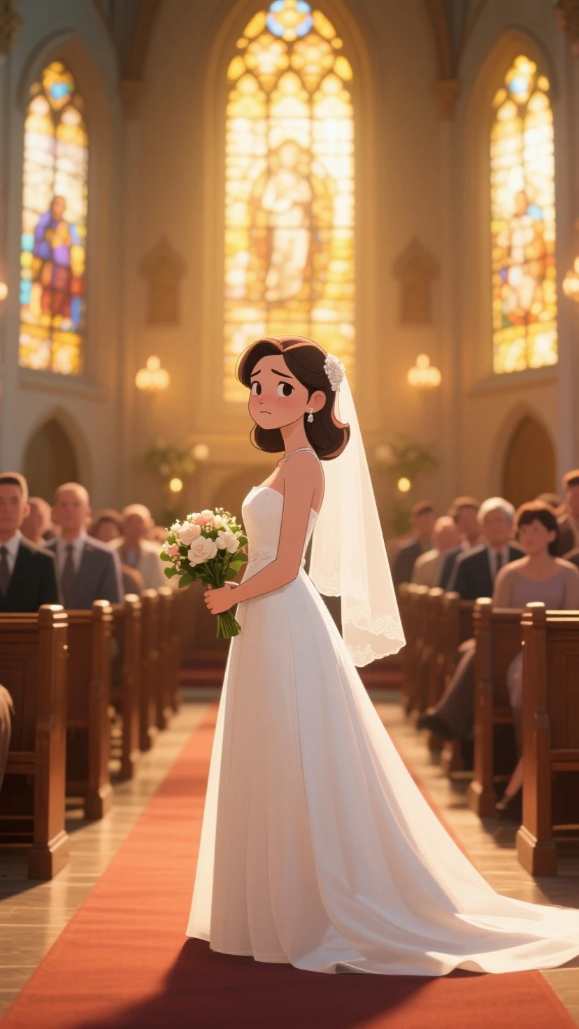 Helen Parr with huge breasts in a micro bra and lace wedding dress with veil and bouquet in a park in New York 