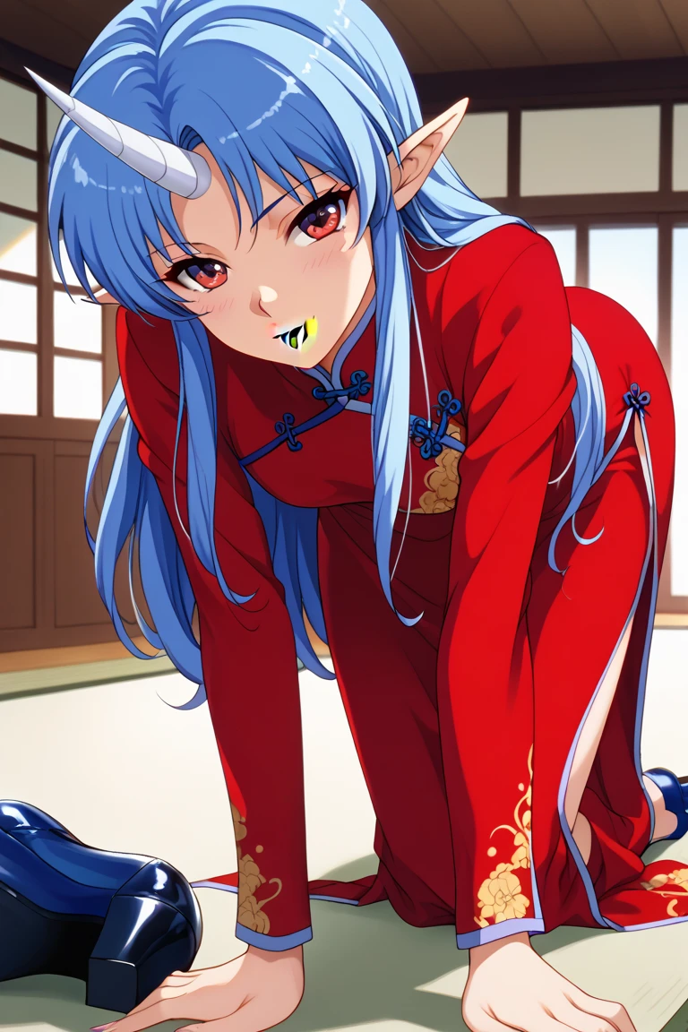 Aqua, ksaqua, hair rings, blue shirt, bow, detached sleeves, skirt, thighhighs, bare shoulders, nude, red gag, Blushing, frowning, Bondage and BDSM, Whole body, kneeling position on the floor, Arms tied behind back, facing forward, saliva, drooling, excessive saliva, Fake cat ears, fake cat tail, pussy vibrators, Takate Kote, Panting, ((Blindfolded eye, Blindfold around the head )), Cat position, Pink painted toenails, Nipple piercing, Sideways movement effect, Clothes thrown to one side, 