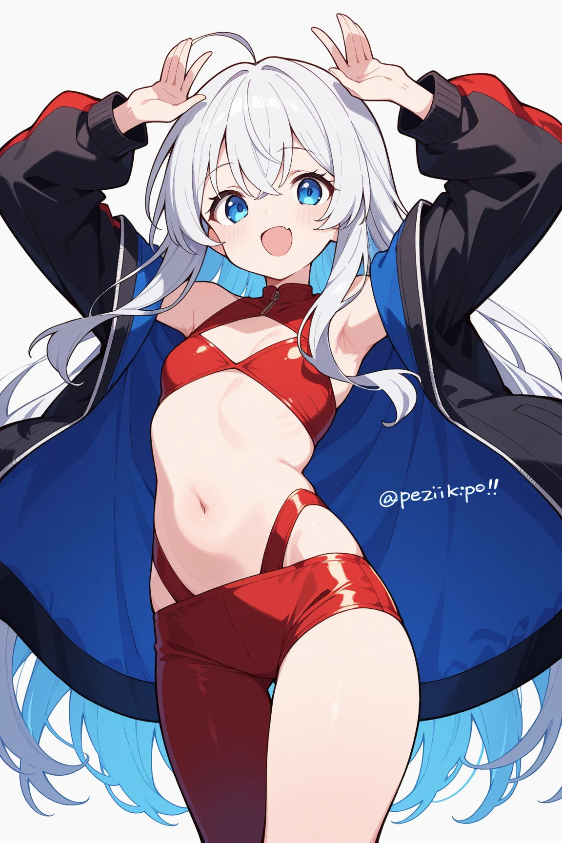 Red bikini、Colossal tits、(((​masterpiece)))、(top-quality)、tre anatomically correct、(Best Quality:1.3), Large breasts, cleavage, shinny skin、silber hair、Soft skin、shorth hair、an anime girl、Bare arms、bared legs、a choker、parka、Put your arms together、Bring your chest together、short-haired