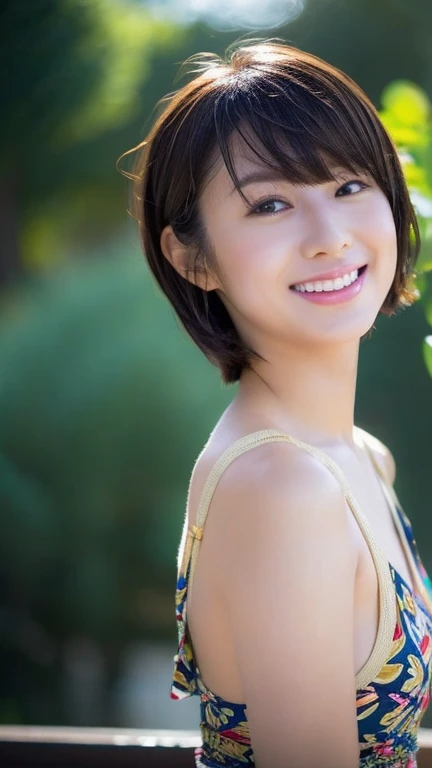 masterpiece、highest quality、High resolution、Tabletop、wallpaper、Realistic、Bright lighting、Professional Lighting、Face Light、Smooth lighting、Japanese women、Adult female、Beautiful woman、、Modeled、gravure、sexy、so beautiful、Beautiful Skin、Beautiful and exquisite、Detailed face、slim、Large Breasts、Cleavage 、short hair、Brunette colored hair、Brown eyes、Looking into the camera、Japanese Kimono、Japanese Yukata、hot spring、smile
