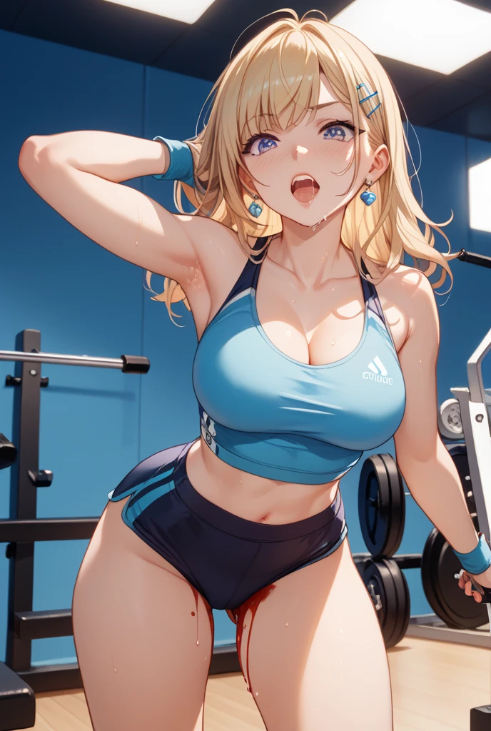 highest quality、Best image quality、masterpiece、One Girl、26 years old、Best Bust、Big Breasts、Beautiful Eyes、Blonde Hair, Green Eyes、ponytail、At the fitness gym、Bikini Top Holder, White leggings、Sweat, blush, Narrow eyes, Sleep on your back, Raise your legs, Spread your legs, Grab your knees, On the floor, Natural light、Shallow depth of field、Lens flare、