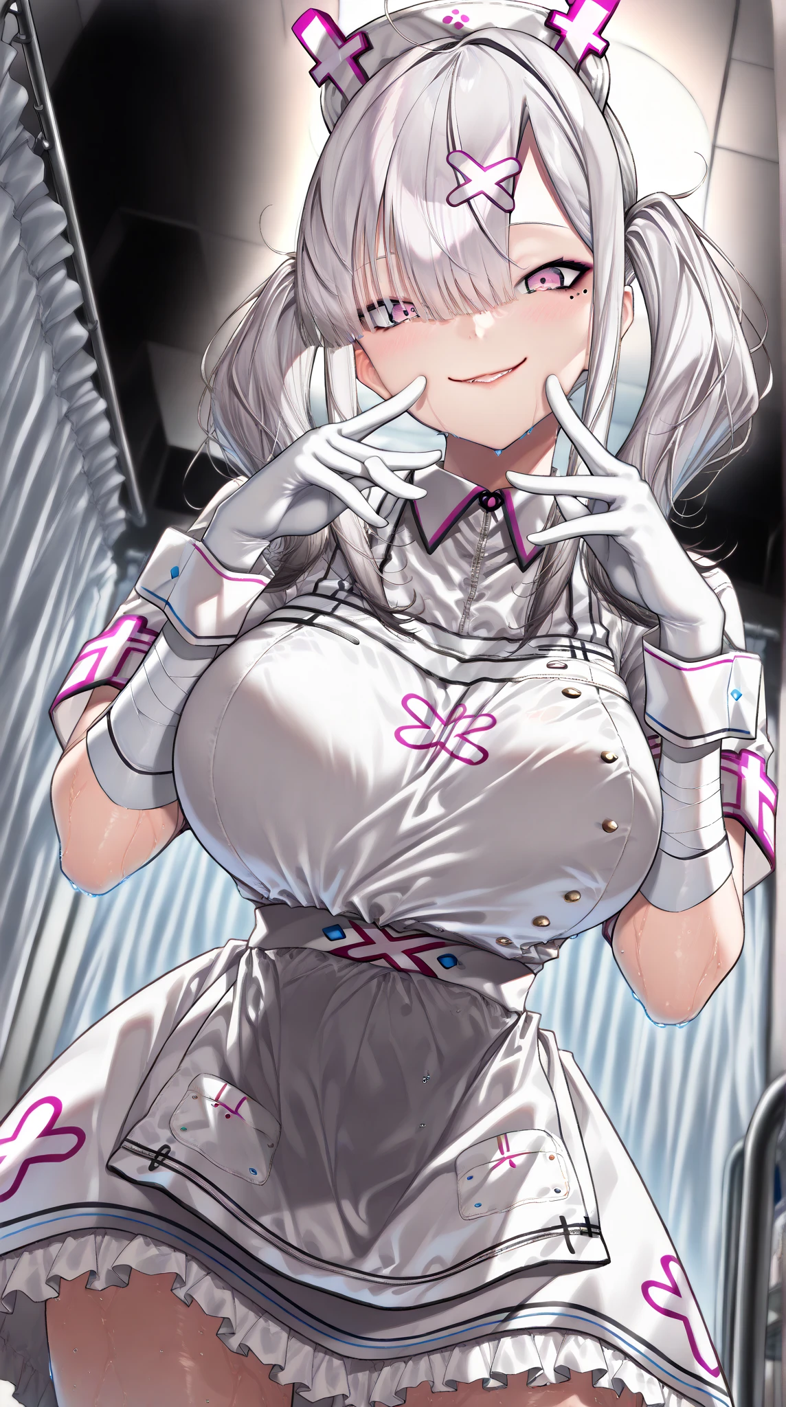 (masterpiece、top-quality、hight resolution)、(,In the detailed laboratory:1.6),1girl in、独奏、ingridms、hairpods、gloves、skirt by the、panthyhose、the bow、doress、Rape Eye、(evil smile:1.4)、anime styled、Evil executives、Trampling、full body Esbian,Black Leotard Bodysuit,