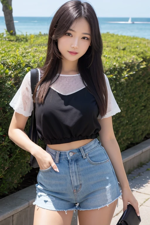 Ultra high definition、masterpiece、correct、Anatomically correct、Textured skin、Very detailed、High detail、high quality、最high quality、High resolution、8k、Surrealism、Raw photo、whole body、Beautiful Teenage Woman、One Japanese woman、Big beautiful eyeedium chest、Brown hair semi-long hair、(Fishnet Arm Sleeves)、(Band Tank Top)、(high-waisted shorts)、(Fishnet tights)、In town