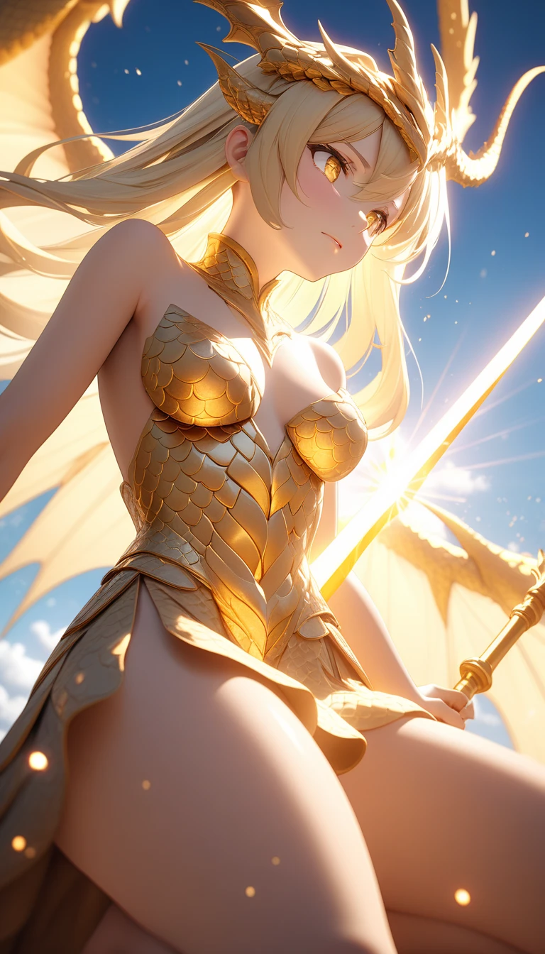 ((best qualityer)), ((work of art)), (detailded), 1 girl, Dragon woman, long golden hair, golden armour, golden dragon knight, golden wings, pinky skin, Eyes red, legs thick, blush cheeks, golden giant sword