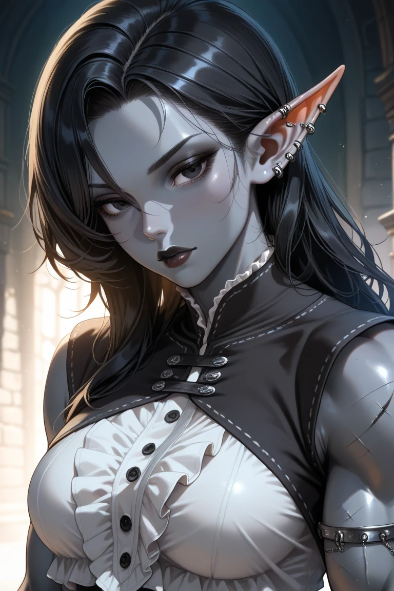1girl, woman, arctic ,cyberpunk rogue villainess, dagger, moonlit night, bombshell hair, black hair, hime cut, slim figure, narrow waist, tight ass, small breasts, caucasian<lora:EnvyDramaticPortraitXL01:1.5>