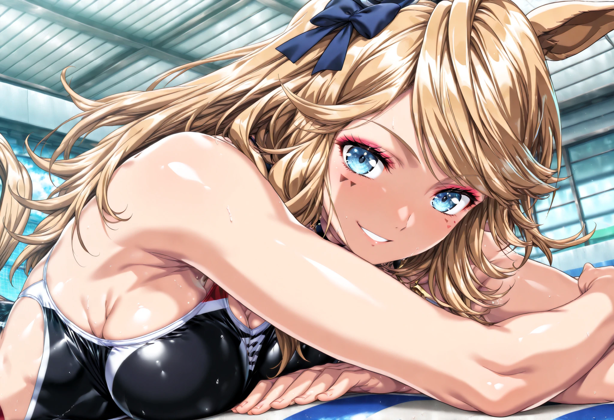 masterpiece, Highest Quality, newest, high resolution,  (1 girl on break day:1.4), Yokota Mamoru Style,motion line,very straight nose，  slim,thin face,perfect nose,staring at the viewer,charming smile、face up、competitive swimsuit,blue competitive swimsuits,Gold City\(Uma Musume\), facial tattoo , eyelashes,eyeshadow,naughty face, ,Watching Viewers、Xiaoyan