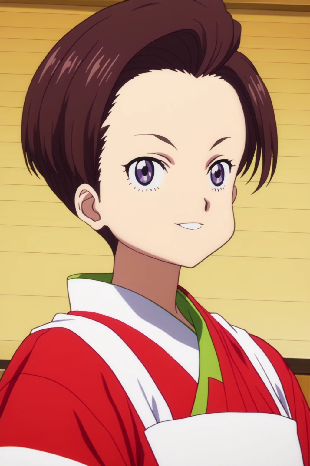 score_9,score_8_up,score_7_up,score_6_up,score_5_up,score_4_up,source_anime,(1girl:1.5), masterpiece,absurdres,highres,highest quality,Super detailed,32K,High resolution,an extremely delicate and beautiful,Official Art,Perfect Anatomy, (Contrasting colors,octane rendering,Fully painted,anime coloring,anime screencap,Cel-shaded anime,retro artstyle,1990s \(style\),90s anime,90s anime style,:1.25), perfect face,ultradeTailed eyes,beautiful,sexy,supermodel,athletic body,shiny skin,Dramatic light,(scale to fit the dimensions:1.2),((fuki harukawa,forehead,purple eyes,japanese clothes,kimono,apron,red ribbon,waitress,red kimono:1.52)),((cowboy shot:1.5)),smile