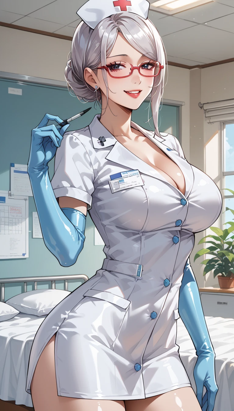 ((masterpiece)),(((best quality))),((character design sheet)),((rough sketch)),((vulgar)),(magazin cover)thick thighs,african girl,smile,((between breasts)),pussy juice,((wearing an Wet sexual nurse uniforms and nurse cap)),shirt harf lift,milking