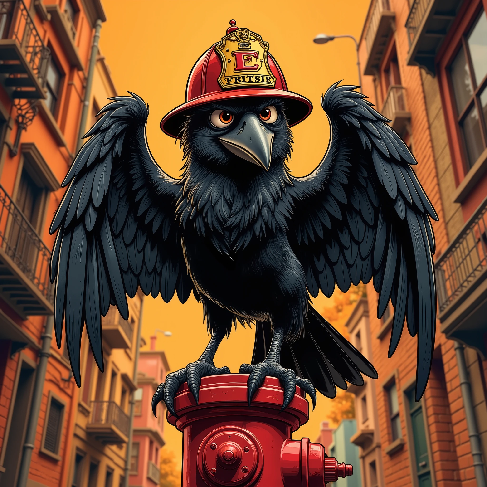 Vector Style , ((comic art)) , (cartoon style) a 5 , Vector-style, Vintage 70s action comic,  Vector Style, lowbrow art,  A full-body image of a strong, courageous black anthropomorphic crow firefighter perched proudly on a red fire hydrant (or alternatively, a large firefighter helmet). The crow has sleek black feathers, a confident stance, and sharp, intelligent eyes. He wears a firefighter’s helmet with a gold badge. His wings are folded with strength and readiness, and his expression conveys bravery and wisdom. The background features a slightly smoky, urban firefighting scene with warm lighting that emphasizes his heroic presence. The entire character and perch are fully visible—nothing cropped.