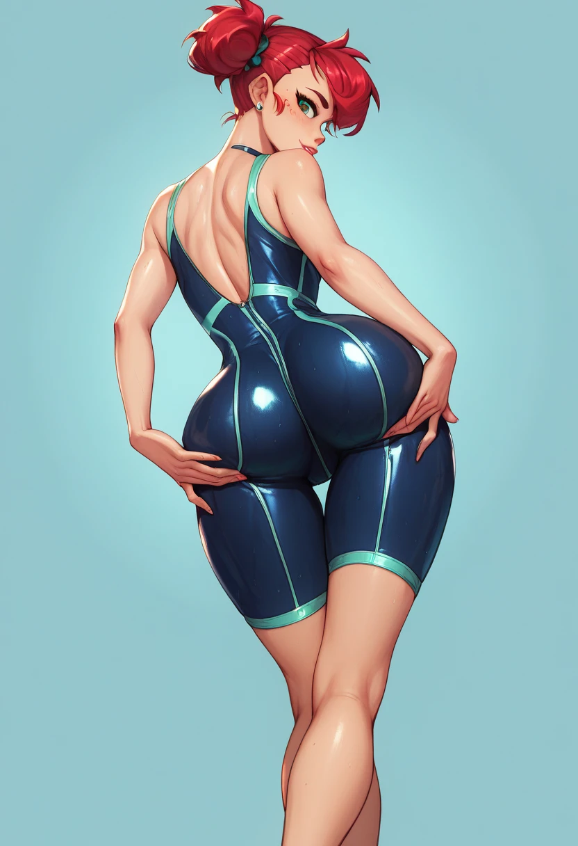 Best Quality: Create a hyper-realistic eye-catching 4K, HD Resolution image of an attractive Inspired humanized hybrid of the Statue of Liberty humanized. She should have a green-turquoise skin complexion with subtle rusty metallic effects. lusciously sexy pouty lips. She is bent slightly over with her hands on her knees, looking back over her left shoulder while twerking her butt. She continues to wear her iconic crown on her head and has a teasing facial expression with her tongue sticking out.  Her breasts are perky, and she is dressed in metallic rusted turquoise green is strapless, sleeveless corset combined with a mini skirt that stops around her thighs, resembling a club dress, in the same color as her skin. Ensure the lighting and shadows are professionally edited to enhance realism. Use the best camera and lighting settings for maximum quality." digital art, black, white, pastel pink, neon green, purple, and cerulean blue. hyper realistic, humanized real skin texture and details. realistic skin texture and details.  She also has a very slim hourglass figure build. Because of that figure, skinnier/curvier.