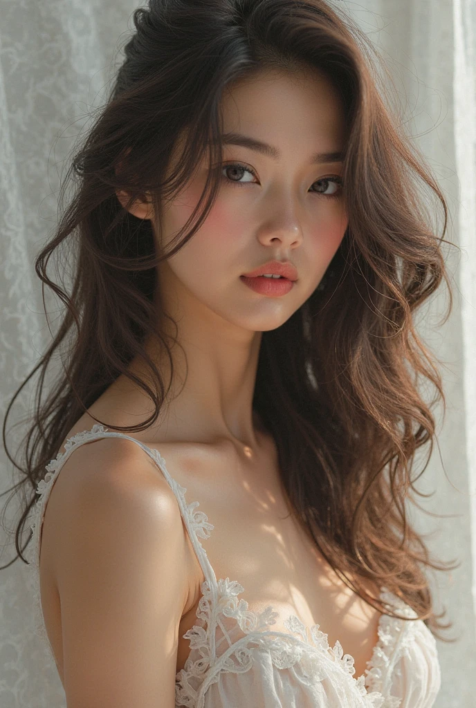 Top quality, RAW Photo, Highest Quality Image, 16K, Full body, Age 22, Realistic, Photorealistic,  Beautiful Asian woman, Sexy, body, White pale skin, Black Hair,, Wavy hairstyle, Modern hairstyles, Detailed face, Detailed body, Detailed skin, Double eyelids, Very Big eyes, long eyelashes, bright eyes, green eyes, natural lips, detailed lips, Saggy breasts, Very Small breasts, Flat Breasts, long shape breasts, posing in bedroom studio, sunny day light, wearing white see through crop top with all buttons are unbuttoned, no bra, Has Tattoo on the top of rhe chest