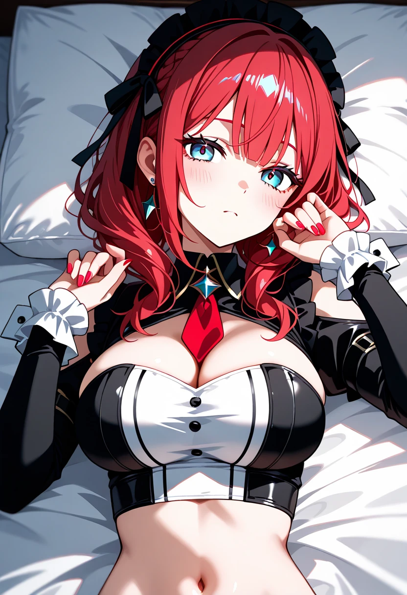 tmasterpiece, Best quality at best, A high resolution, 8K, ultra - detailed, high qulity, Mature girls, Red-haired 2D beautiful girl with very long hair,Explanatory,succubus pattern,Lying on the bed wearing black silk,The girl has love in her eyes,With tears,Sticking out your tongue, High ponytail hairstyle, 黑The eye, Very huge, cropped shoulders, Bedrooms, pouty, Be red in the face, of shoulders, upper legs, Chopping, 鎖骨, of the neck