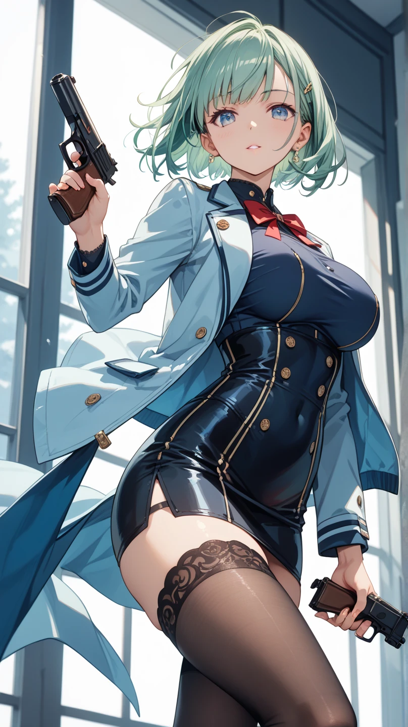 masterpiece, best quality, highres, fiona1, spy x family, hair_over_one_eye, solo, brown gloves, blue coat, buttons, jewelry, earring, large breasts, expressionless, cowboy shot, open coat, bra, penties, thong, indoors,standing,